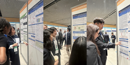 왼쪽부터 한미약품 R&D센터 곽은주 연구원, 박원기 연구원, 유형석 연구원이 국제 암 학술대회 'EORTC-NCI-AACR 2024'에서 차세대 항암 신약의 연구 결과 3건이 담긴 포스터 내용을 설명하고 있다. 한미약품 제공.